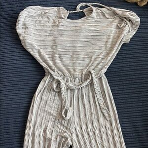 Caution To The Wind Cream Ribbed Jumpsuit with Tie Waist